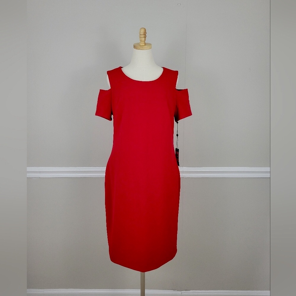 Tommy Hilfiger Elegant Red Cold Shoulder Slashed Sleeve Dress Size 14